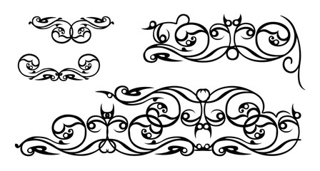 Decorative curls, modern, vintage, ornament, pattern of black and white elements. Forged grid. Vector graphics.