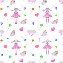 Watercolor lamb with rainbow clouds, hearts and candies on white background