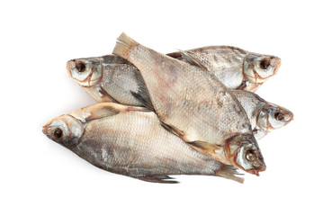 Tasty dried fish isolated on white, top view. Seafood