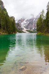 Landscape at Lake Braies or Pragser Wildsee located in Dolomites area, Italy.