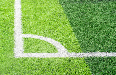 Obraz premium white line the corner Artificial turf on green grass soccer pitch ,football field