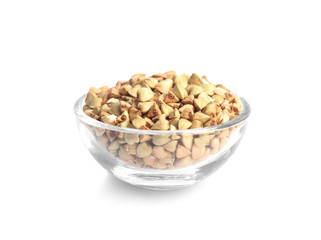 Green buckwheat in bowl isolated on white