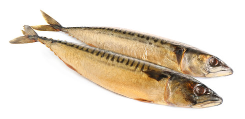 Tasty smoked mackerel fish isolated on white, top view