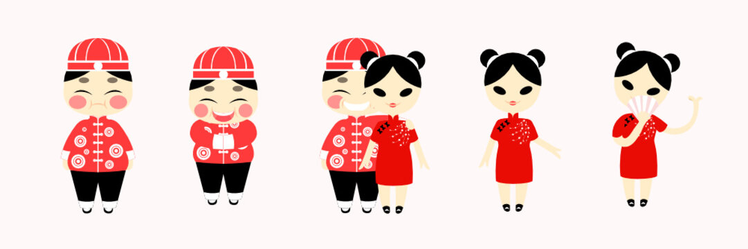 Couple Chinese Costume Red Traditional, Happy Fat Man And Girl Cartoon Character Flat Design.