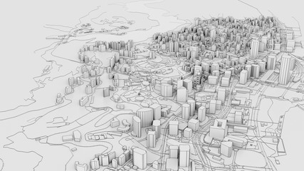 3D white city model. Outline 3D illustration
