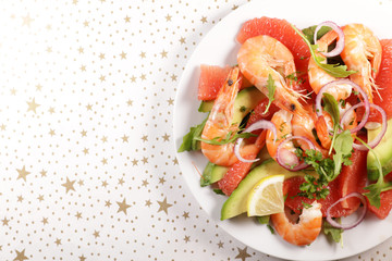 shrimp salad with avocado, grapefruit and herbs
