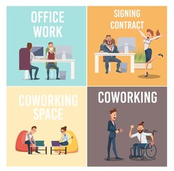 Coworking Space for Successful Business Trendy Flat Vector Square Ad Banners, Promo Posters Templates Set. Entrepreneurs, Employees Working in Comfort Office, Celebrating Achievement Illustration