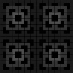 Black polygon and square repeat pattern background. Black geometric, chevron, L shape pattern on black background vector.