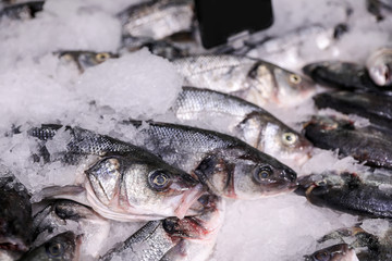 Fresh raw fish with ice in supermarket, closeup