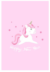 Cute Pink Unicorn on New Year 2020 card, Postcard, cute wallpaper, pink background