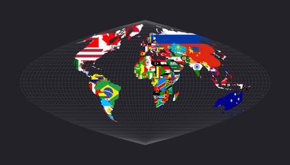 World Flag Map. Craster parabolic projection. Map of the world with meridians on dark background. Vector illustration.