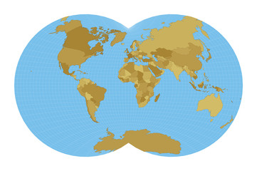 Fototapeta na wymiar World Map. Van der Grinten IV projection. Map of the world with meridians on blue background. Vector illustration.