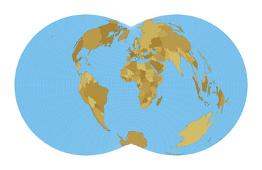 World Map. Rectangular (War Office) polyconic projection. Map of the world with meridians on blue background. Vector illustration.