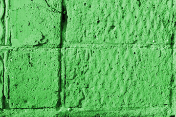 Brick wall texture in sunny day close-up. Abstract background green color toned