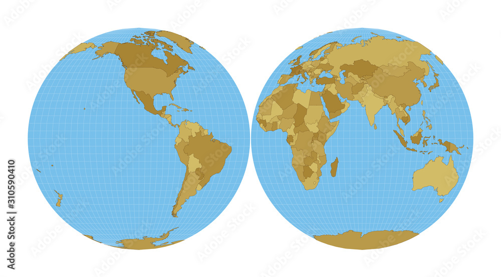 Poster world map. mollweide projection interrupted into two equal-area hemispheres. map of the world with m