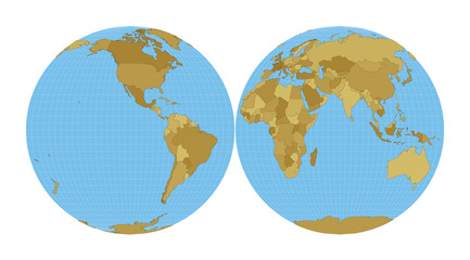 Fototapeta na wymiar World Map. Mollweide projection interrupted into two (equal-area) hemispheres. Map of the world with meridians on blue background. Vector illustration.