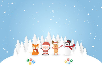 Merry Christmas and Happy New Year with Santa claus and Reindeer and Redfox and Snowman winter landscape. Paper art vector illustration style.
