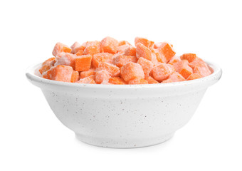 Fototapeta na wymiar Frozen carrots in bowl isolated on white. Vegetable preservation