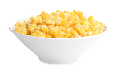 Frozen corn in bowl isolated on white. Vegetable preservation