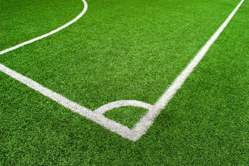 Fototapeta premium white line the corner Artificial turf on green gress soccer pitch ,football field