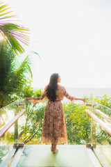 Portrait beautiful young asian women happy smile around outdoorn happy smile relax around tropical beach sea