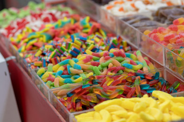 Rubber candies in all kinds of colors and flavors. In the form of hearts, teddy bears, bananas, stars, snakes and much more. Tasty fresh and good. Kosher Food, Mahane Yehuda Market, Jerusalem, Israel.
