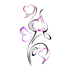 hearts 37. stylized plant with flowers in the form of multi-colored hearts in colored lines on a white background