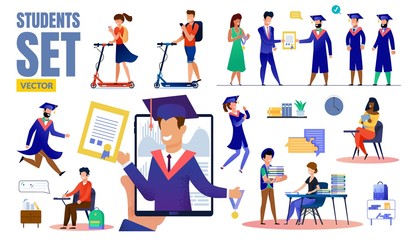 Modern College or University Students Trendy Flat Vector Characters Set. Female, Male Students Riding Scooter, Celebrating Graduation, Writing Test, Studying Online, Working in Library Illustration