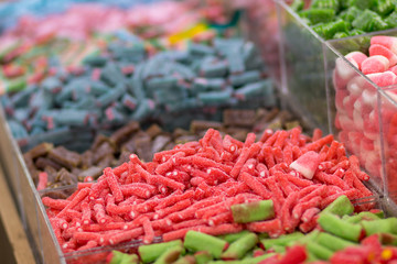 Rubber candies in all kinds of colors and flavors. In the form of hearts, teddy bears, bananas, stars, snakes and much more. Tasty fresh and good. Kosher Food, Mahane Yehuda Market, Jerusalem, Israel.