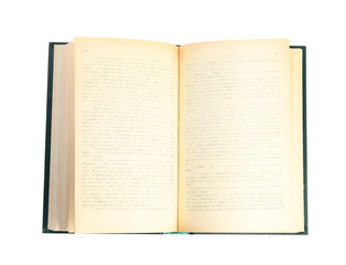 Open book with hard cover isolated on white, top view