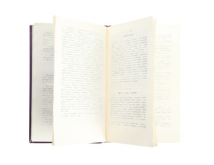 Open book with hard cover isolated on white, top view