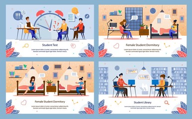 Modern Students Life and Activities Trendy Flat Vector Banners, Posters Templates Set. Multinational Female, Male Students Taking Tests, Learning in College Library, Resting in Dormitory Illustration