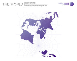 Polygonal world map. Transverse spherical Mercator projection of the world. Purple Shades colored polygons. Trending vector illustration.