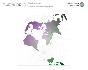 Polygonal map of the world. Transverse spherical Mercator projection of the world. Purple Green colored polygons. Modern vector illustration.