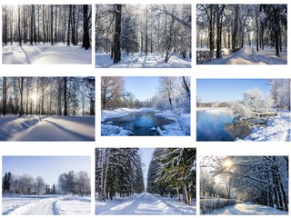 Winter solar Park . Alleys of the Park. Nature. Winter nature. Winter pictures. Snow. Landscape. Collage.