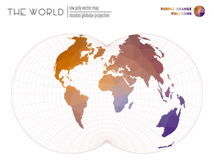 World map with vibrant triangles. Nicolosi globular projection of the world. Purple Orange colored polygons. Energetic vector illustration.
