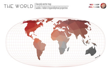 Polygonal map of the world. Waldo R. Tobler's hyperelliptical projection of the world. Red Grey colored polygons. Amazing vector illustration.