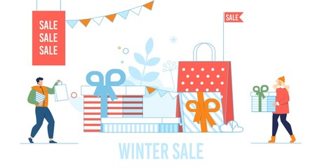 Winter Sale Flat Poster with People Prepare Gifts