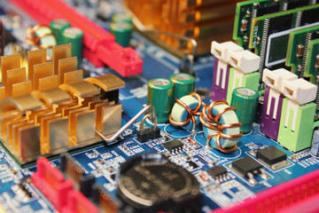 Closeup of electronic circuit board or PCB printed circuit board