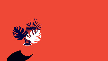 Pot or flower pot with leaves on a red background in a minimal style