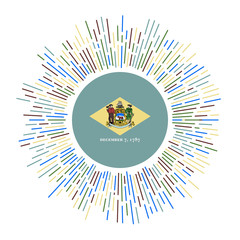 Delaware sign. US state flag with colorful rays. Radiant sunburst with Delaware flag. Vector illustration.