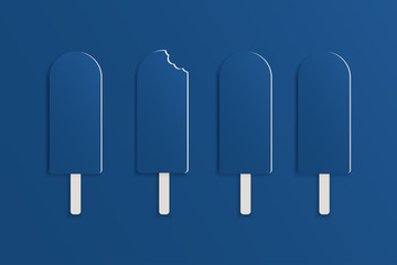 Set of ice cream on a stick in a row on a classic blue color background. One ice cream with bite marks or tooth marks.