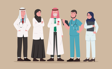 Set Illustration Arabian Medical Team, Doctor and Nurse Chacter Design Cartoon