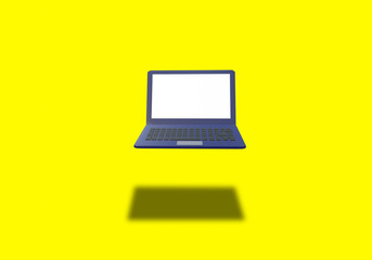 3D   laptop notebook mock up isolate on yellow  background empty white screen . float or levitate laptop. technology gadget for hipster background concept. 3D rendering illutration