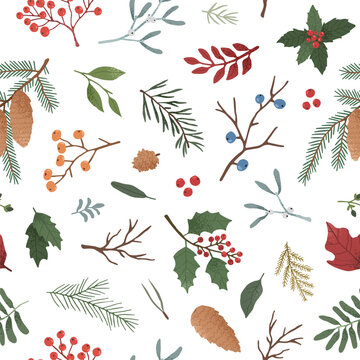 Wintertime plants flat vector seamless pattern