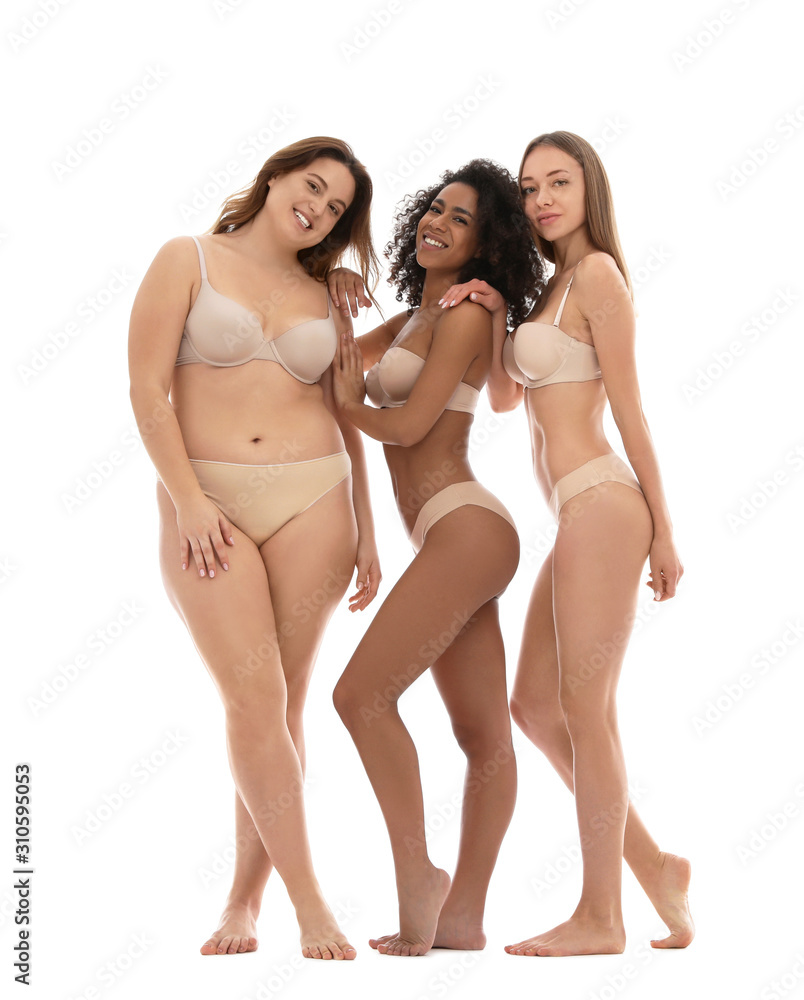 Wall mural group of women with different body types in underwear on white background