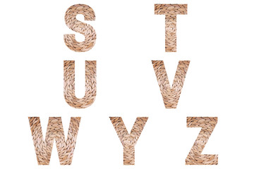 Wicker font Alphabet s, t, u, v, w, y, z made of natural wicker background.