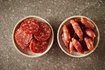 Salami sausage on white small plate 