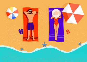 Couple on the beach top view. Man and Woman sunbathing on towels on a beach. Summer Time Vector Illustration