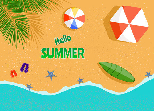 Vector summer beach with beach umbrellas, waves, palm tree and a swimming Board vector